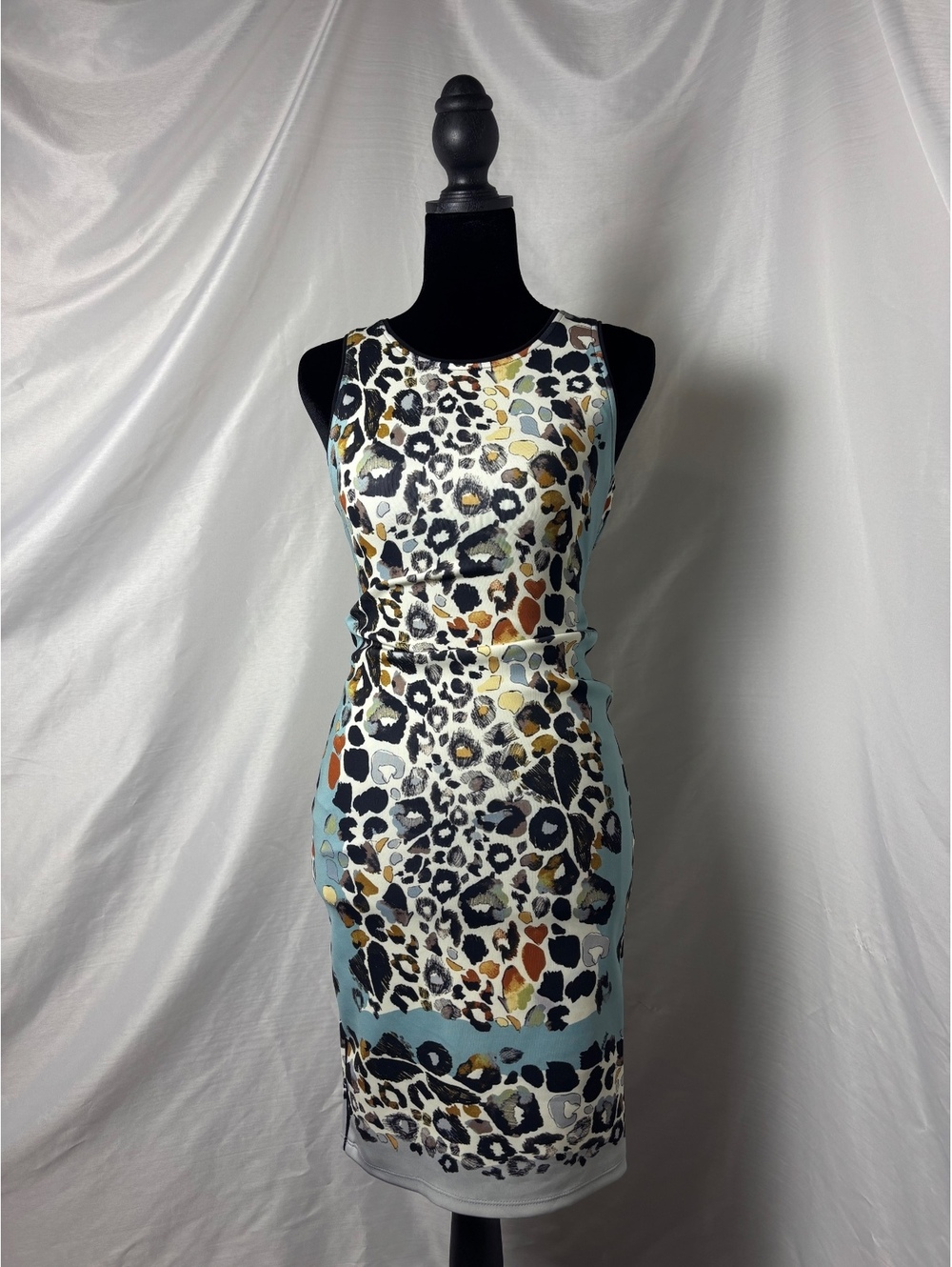 Hale Bob XXS Sleeveless Sheath Dress Colorful Leopard Print and Back Cutout,
